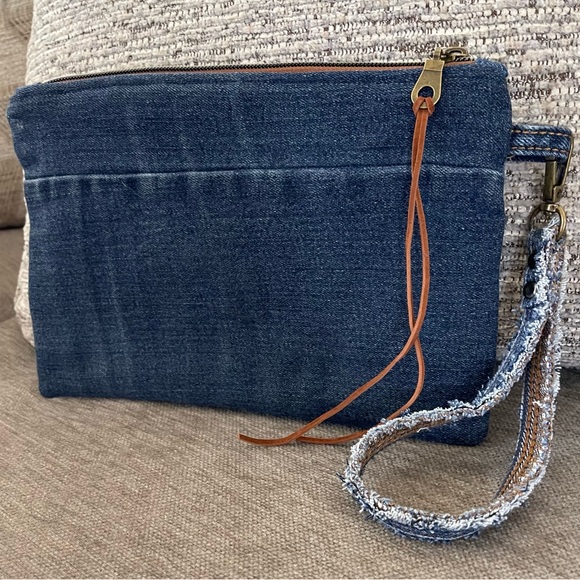 Bohemian Unique One-of-a-Kind Denim Patchwork Clutch with removable wrist handle - Picture 8 of 12